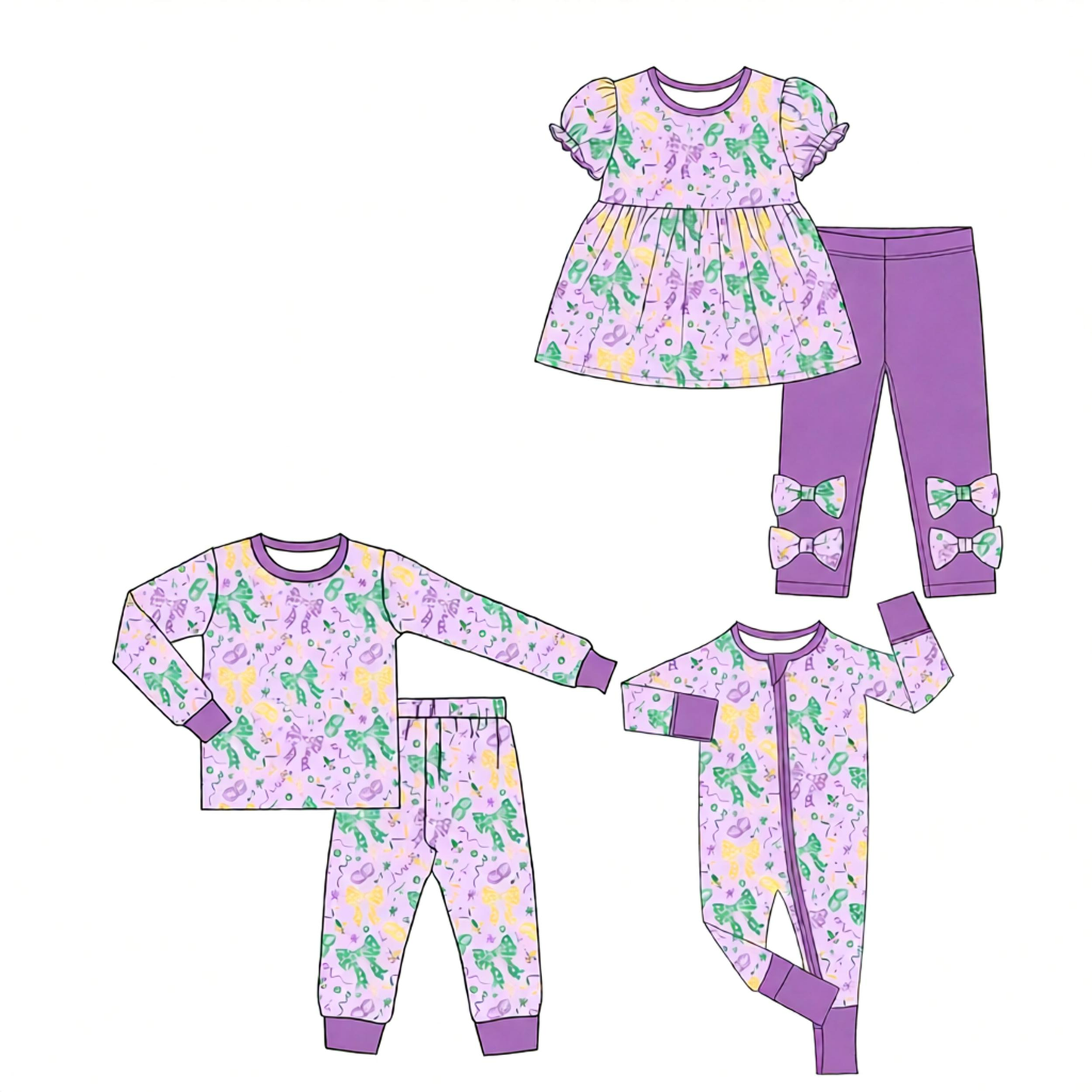 ( Moq 5 Each Style ) Baby Girls Kids Bows Anchors Mardi Gras Sibling Purple Romper Sets Clothes