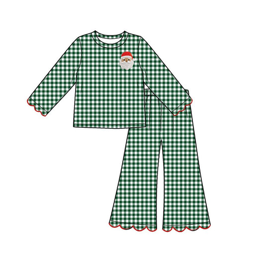 ( Moq 5 ) Preorder Baby Girls Kids Christmas Santa Scallop Tops Green Plaid Pants Set Clothes