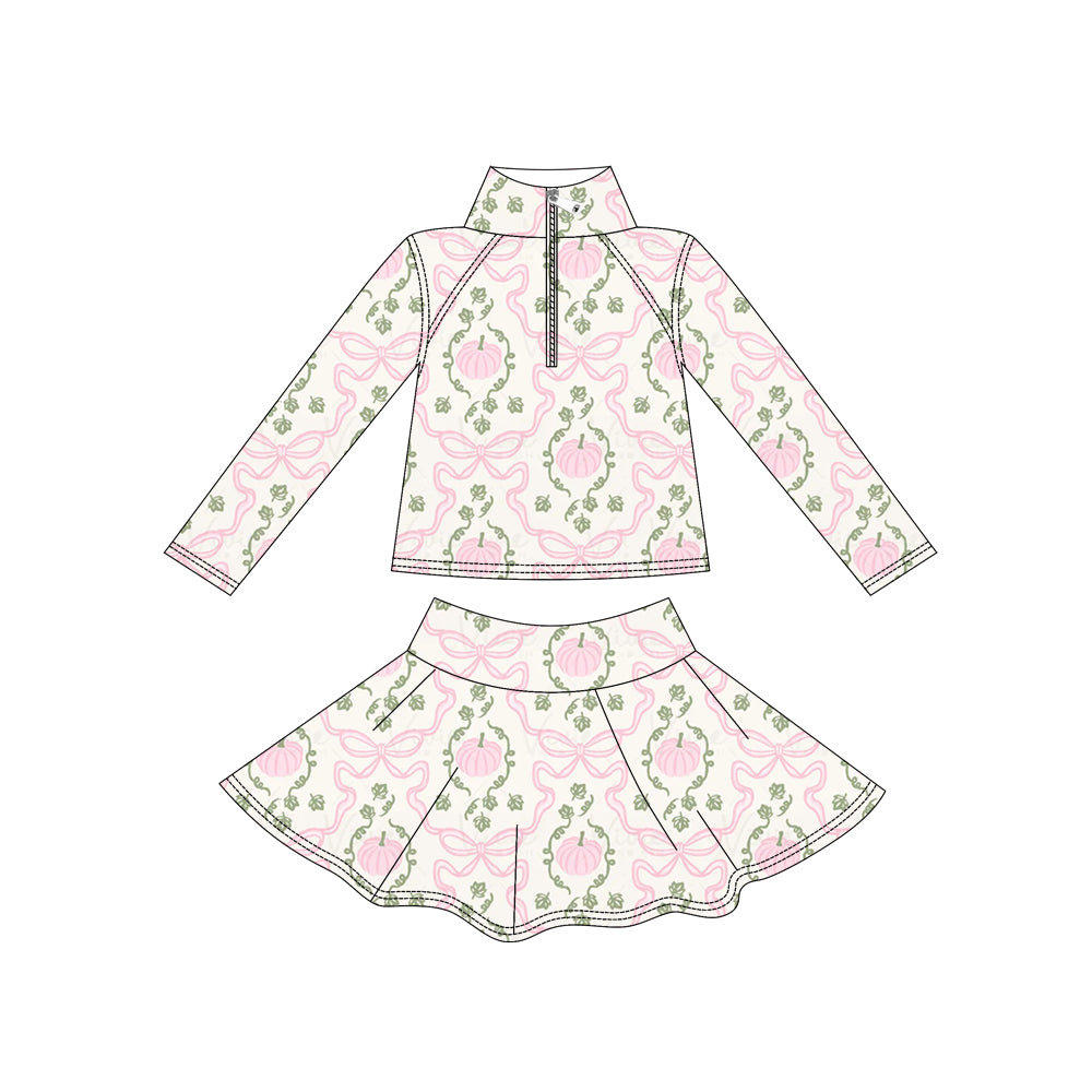 ( Moq 5 ) Preorder Baby Girls Kids Pink Pumpkins Bows Zipper Shirt Skirt Shorts Yoga Active Set Fall Clothes