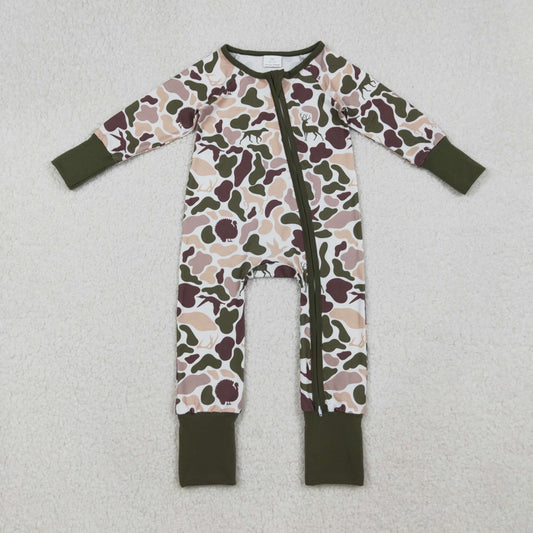 Baby Boy Infant Long Sleeves Ducks Dogs Camo Hunting Zipper Romper RTS
