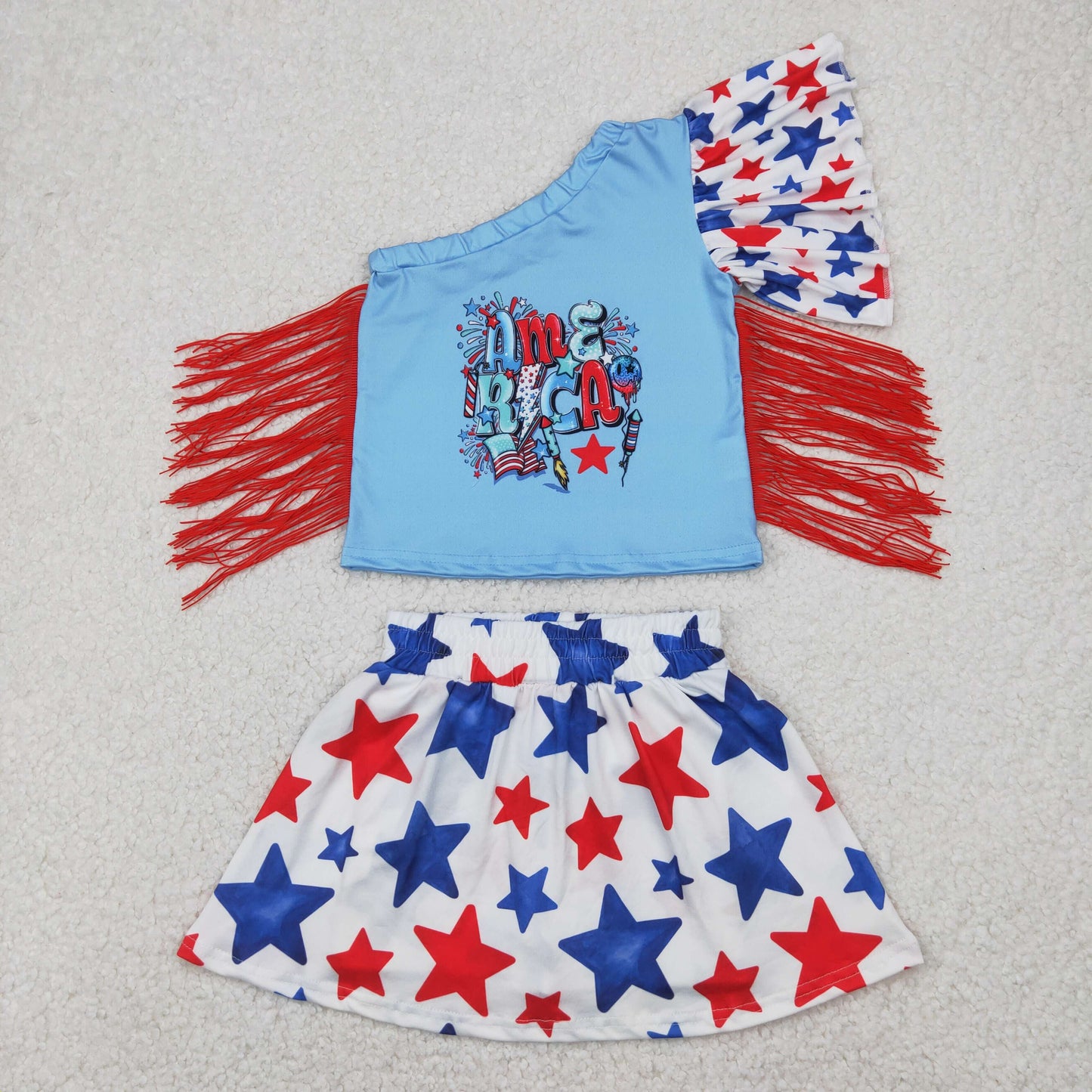 Baby Girl 4th of July tassels Shirt Stars Skorts Clothes Set RTS
