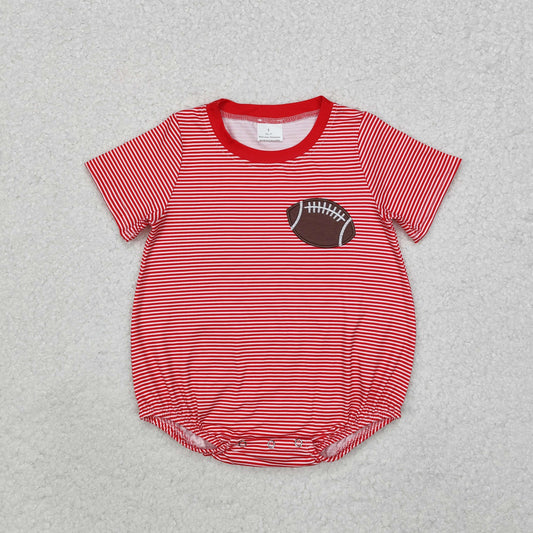 Baby Boy Short Sleeves Red Embroidery Football Stripes Bubble Romper