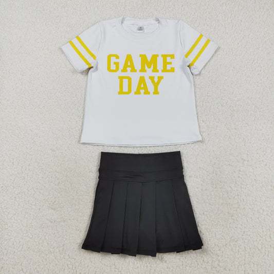 Baby Girl Short Sleeves Game Day Vinyl Shirt Black Skorts Yoga Active Team Cheer Set RTS