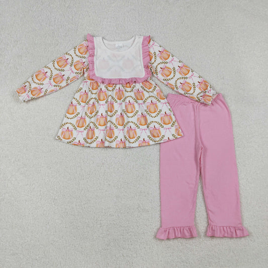 ( No moq ) Preorder Baby Girl Long Sleeves Pumpkin Bows Tunic Pink Pants Set RTS