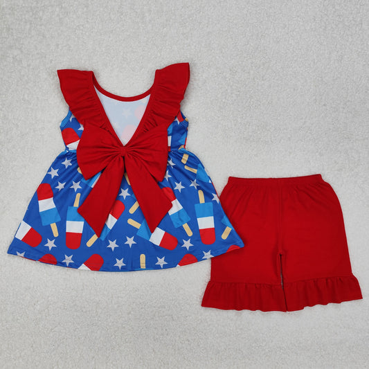Baby Girl Short Sleeves July 4th Popsicle Stars Tunic Red Ruffle Shorts Clothes Set RTS