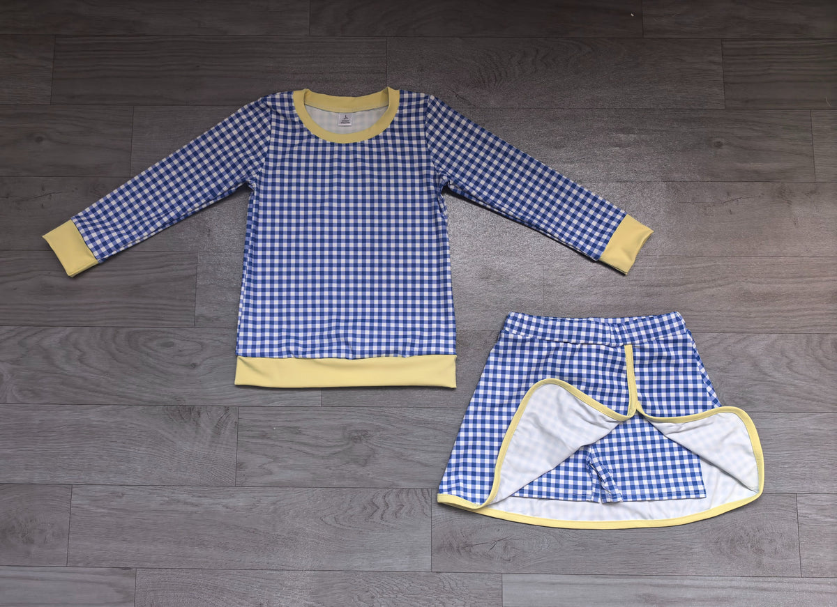 ( No moq ) Preorder Baby Girls Kids Long Sleeves Blue Plaid Shirt Skirt Shorts Set Yoga Active Clothes