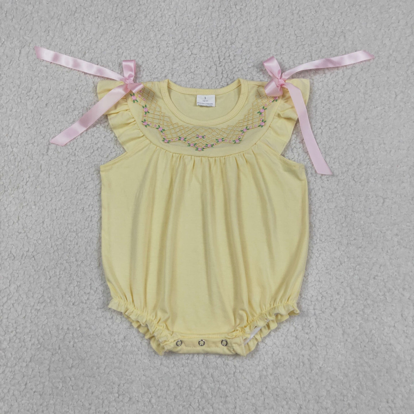 Baby Girls Infant Short Sleeves Embroidery Floral Bows Summer Bubble Yellow Romper RTS