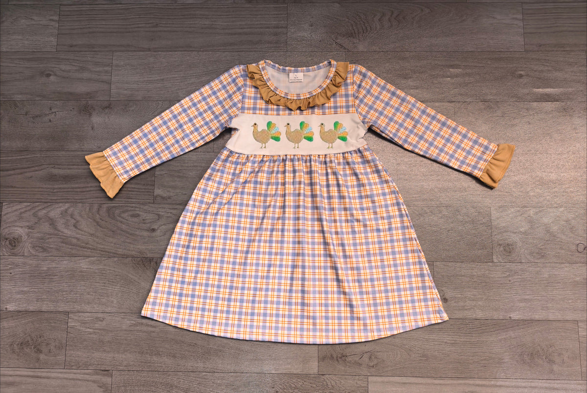 ( No moq ) Preorder Baby Girls Kids Embroidery turkey Thanksgiving Plaid Knee Length Dress Clothes