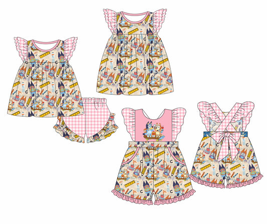 Baby Boy Girl Back To School Dogs Pink Plaid Sibling Dress Clothes Set ( Moq 5 Each style )11.30