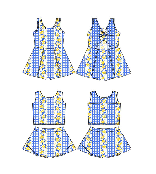 Baby Girl Sleeveless Flower Blue Checked Sibling Dress Set ( Moq 5 Each Style ) 4.2