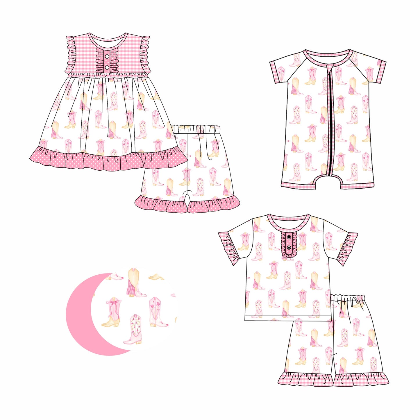 Baby Girl Western Boots Pink Sibling Romper Dress Set ( Moq 5 Each Style ) 3.12
