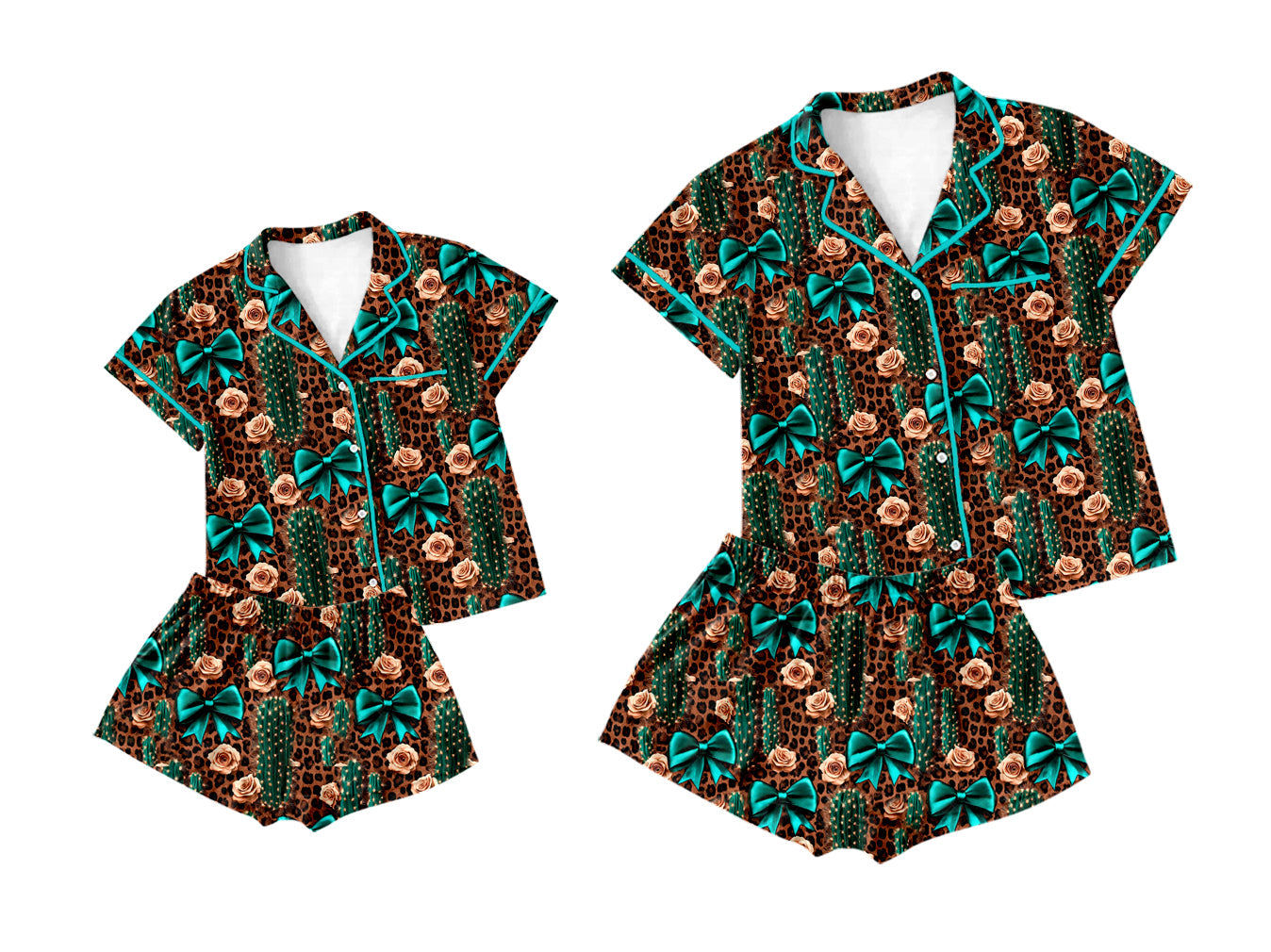 Baby Girl Adult Women Western Cactus Bows Flower Sibling Pajamas Set ( Moq 5 Each Style ) 2.25