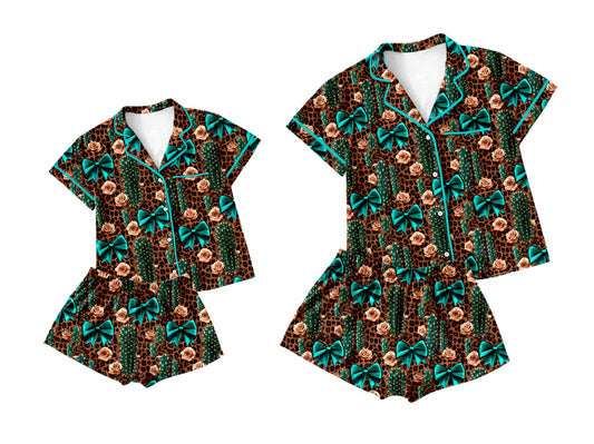 Baby Girl Adult Women Western Cactus Bows Flower Sibling Pajamas Set ( Moq 5 Each Style ) 2.25