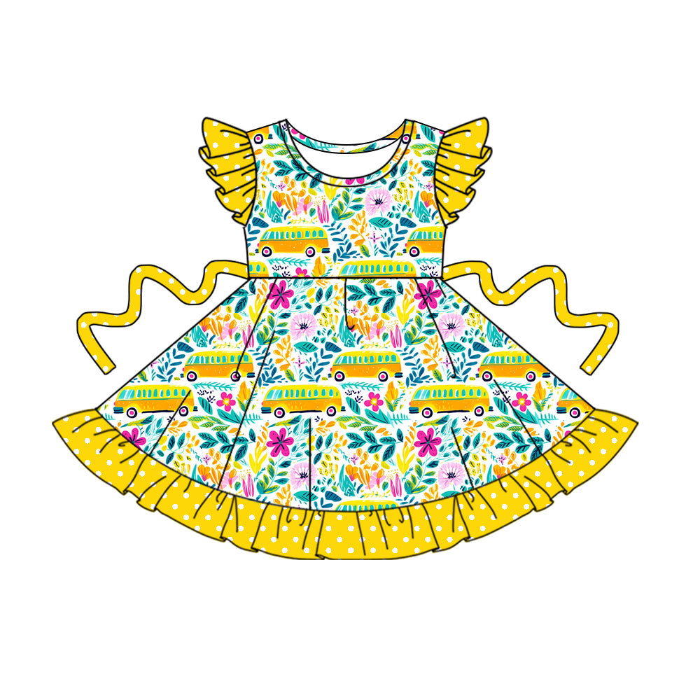 Baby Girl Short Sleeves Back To School Bus Flower Knee Length Dress ( Moq 5 ) 2.19