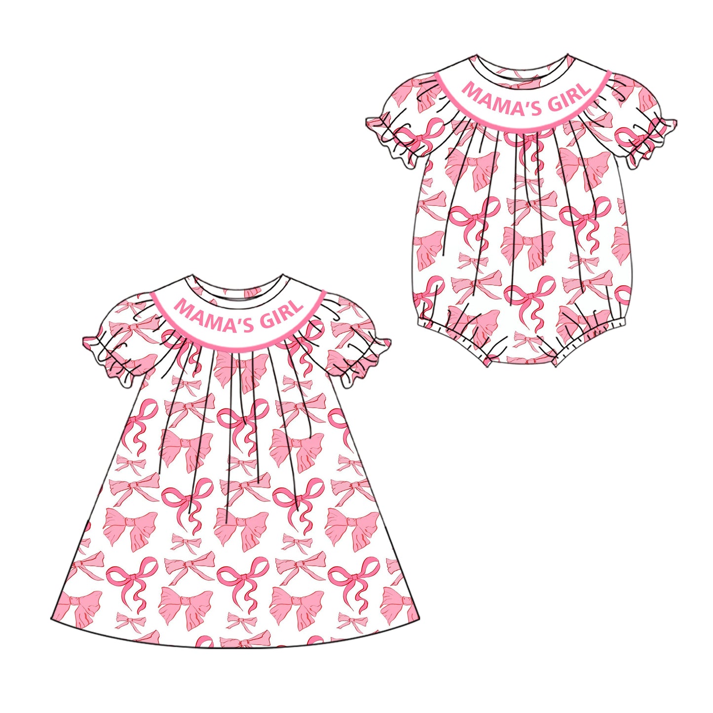 ( Moq 5 Each Style ) Baby Kids Short Sleeves Pink Bows Mama's Girl Sibling Romper Dress 4.19