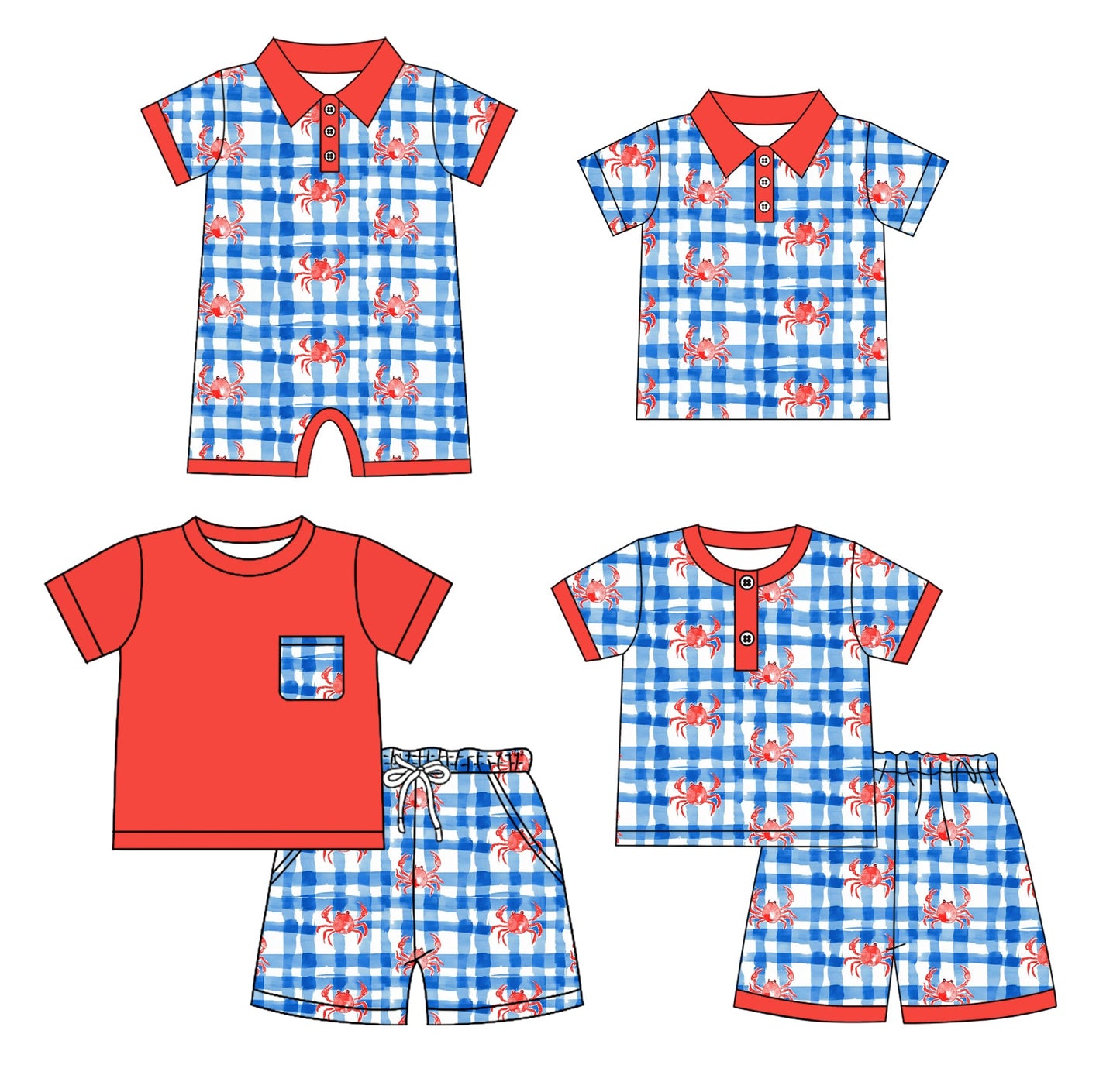 ( Moq 5 Each Style ) Baby Boy Short Sleeves Crawfish Plaid Sibling Summer Red Romper Shirt Set 4.23
