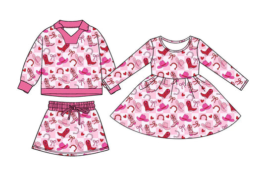 ( Moq 5 Each Style ) Baby Girls Hearts Bows Boots Valentine's Day Sibling Pink Dress Set