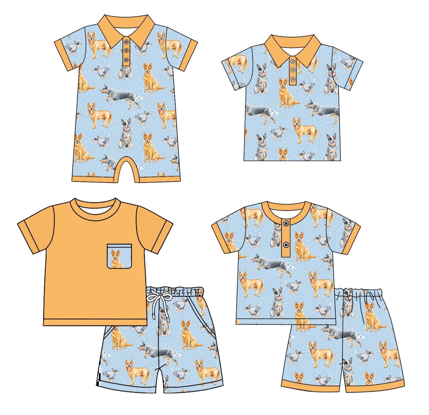 Baby Boy Short Sleeves Dogs Sibling Romper Shirt Set ( Moq 5 Each Style ) 4.3