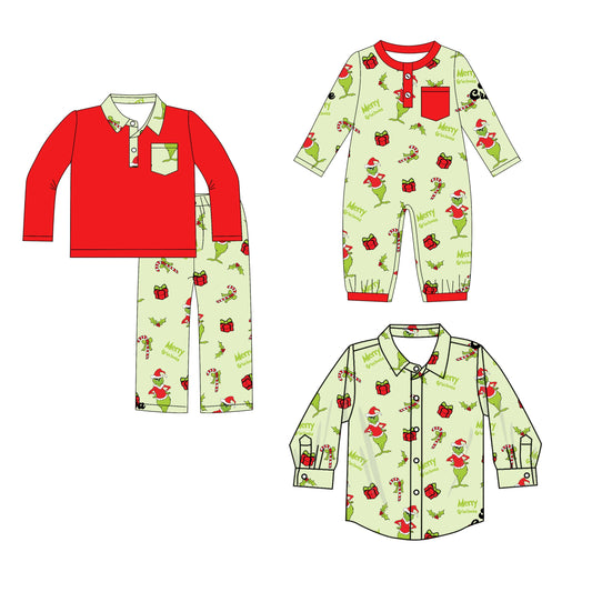 ( Moq 5 Each Style ) Baby Boy Toddler Green Face Christmas Sibling Romper Shirt Set