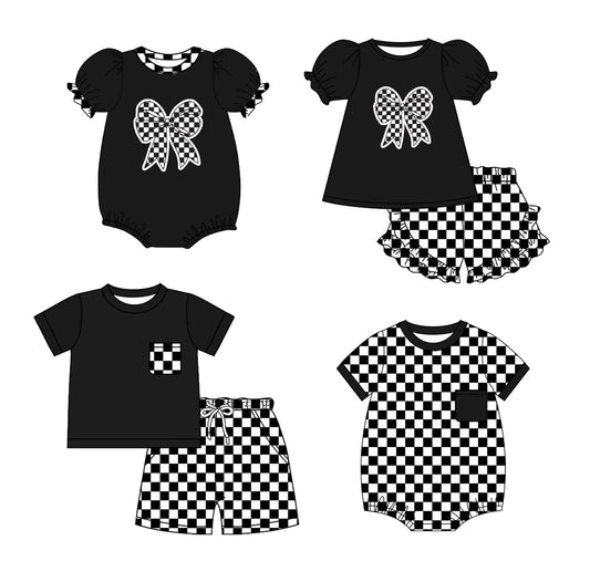 ( Moq 5 Each Style ) Baby Boys Girls Short Sleeves Checked Bows Sibling Summer Rompers Sets
