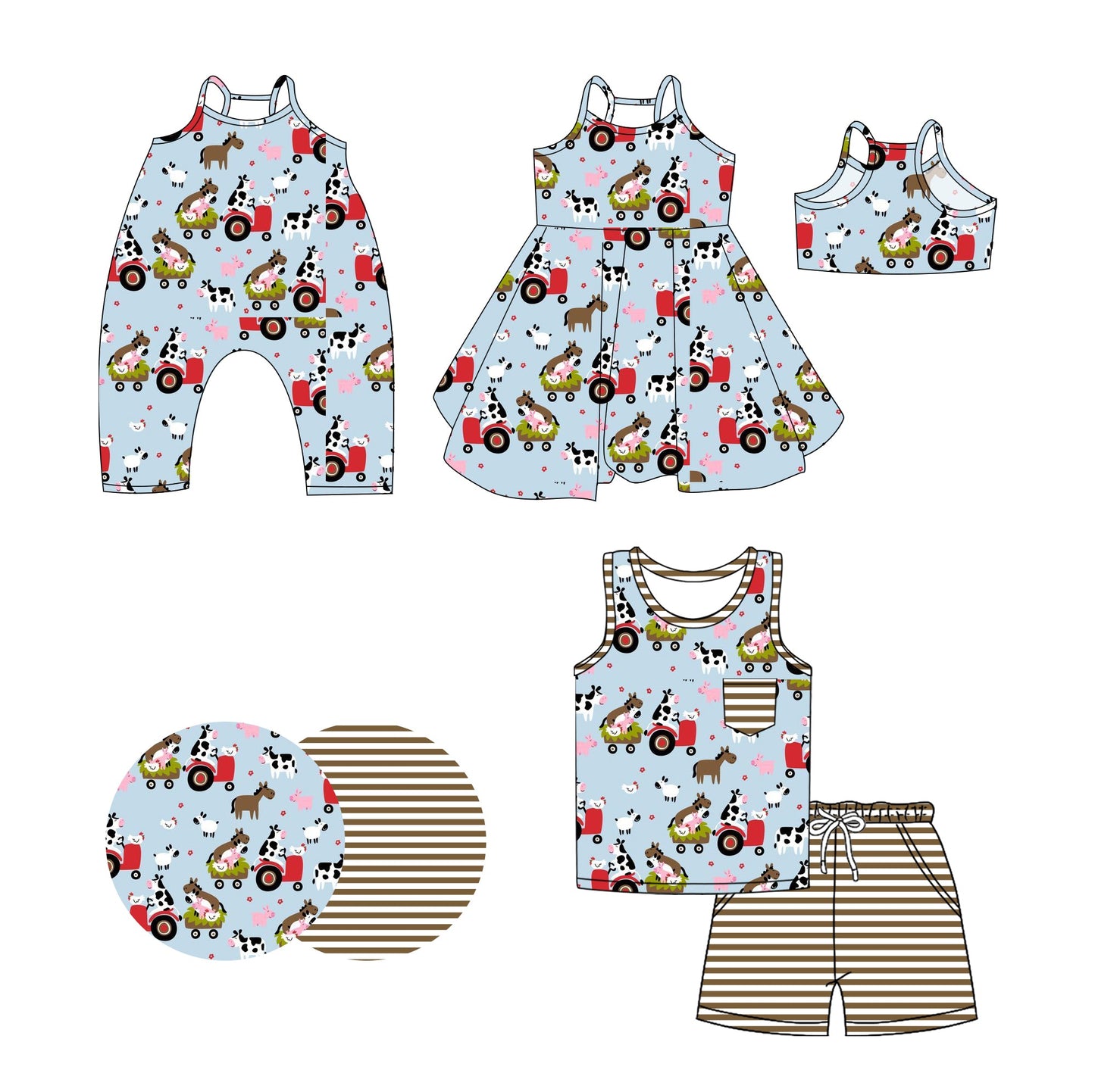 Baby Boy Girl Farm Animals Tractors Sibling Romper Dress Set ( Moq 5 Each Style ) 3.19