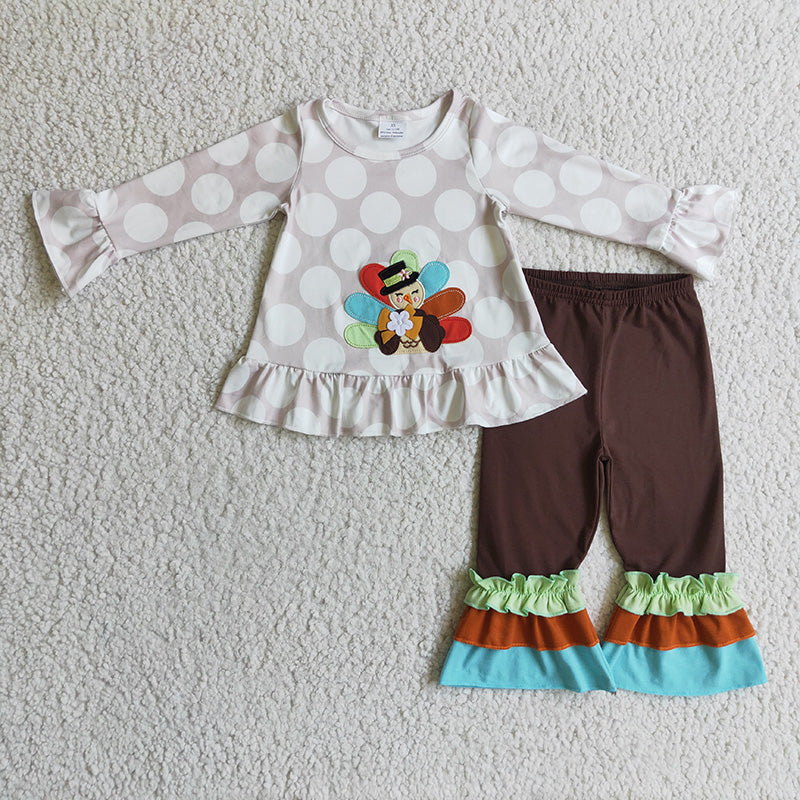 Sibling Girls Toddler Fall Embroidery turkey Tunic Pants Thanksgiving Set Clothes RTS