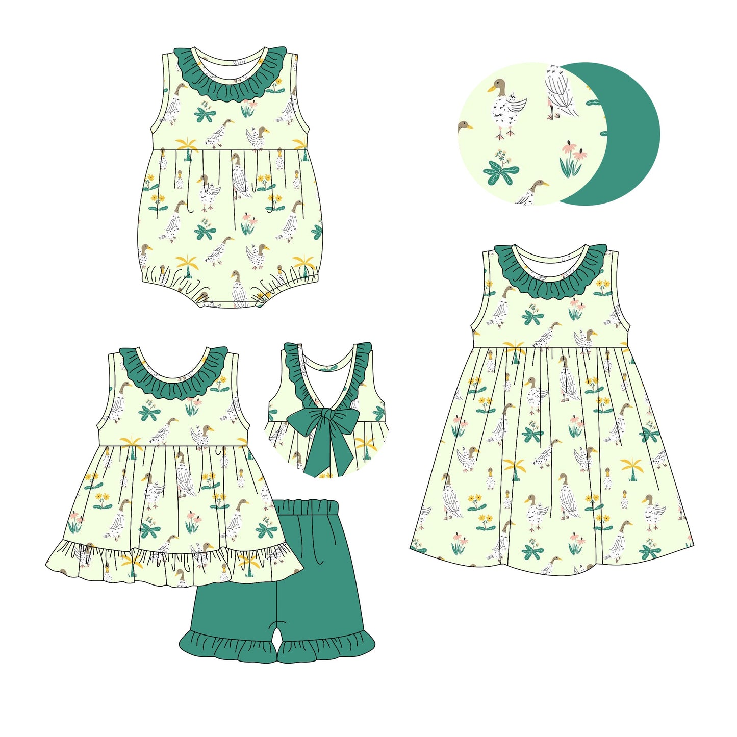 Baby Girl Sleeveless Ducks Flower Sibling Romper Dress Set ( Moq 5 Each Style ) 3.7