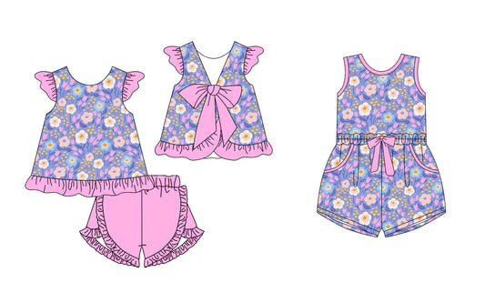 ( Moq 5 Each Style ) Baby Girls Toddler Floral Pink Bows Sibling Jumpsuit Set