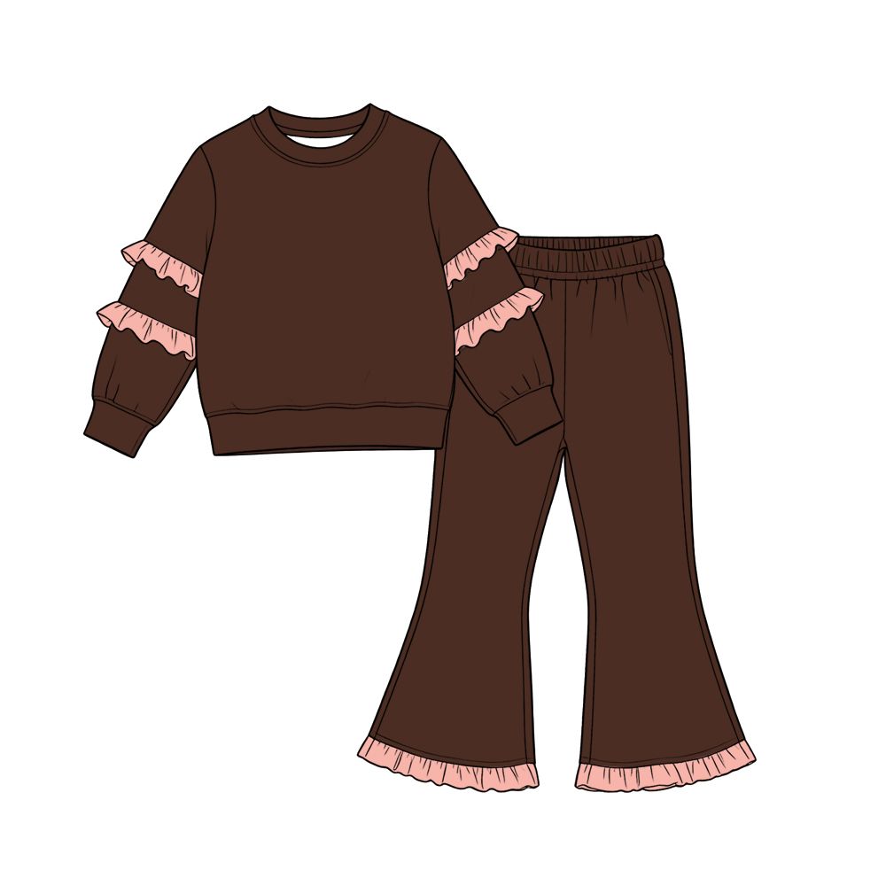 ( Moq 5 ) Preorder Baby Girls Kids Pink Ruffle Shirt Bell Pants Brown Set Cotton Clothes