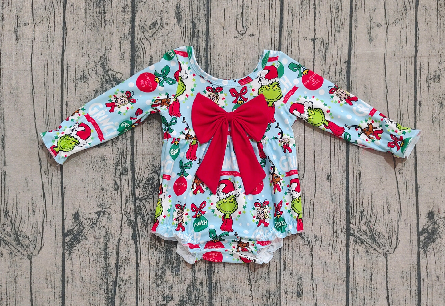 Baby Girl Infant Long Sleeves Green Face Christmas Bow Bubble Romper RTS