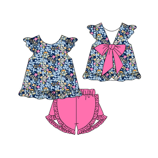 ( Moq 5 ) Preorder Baby Girl Short Sleeves Flower Bows Tunic Pink Ruffle Shorts Set Summer Clothes