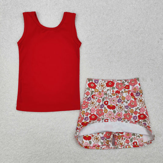 Baby Girl Sleeveless Red Tops Flower Skorts Shorts Skirt Active Wear Yoga Set