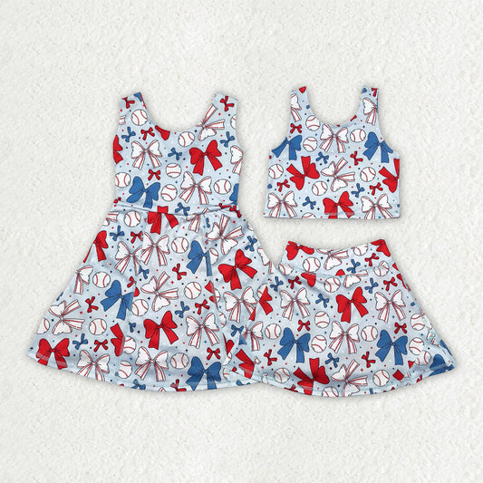 Baby Girl Sleeveless 4th Of July Baseball Bows Sibling Yoga Active Skort Dress Set RTS