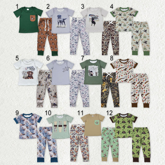 Sibling Baby Boys Short Sleeves Dogs Ducks Shirts Pants Hunting Pajamas Clothes Sets RTS