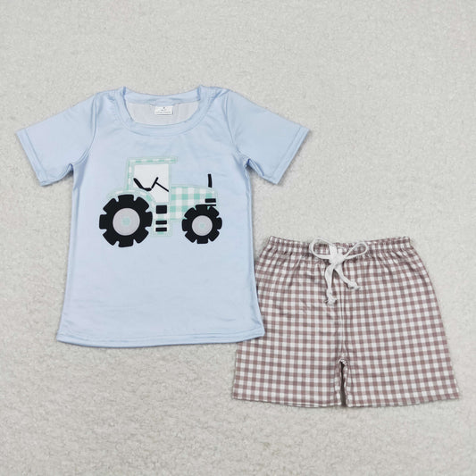 Baby Boy Blue Short Sleeves Tractor Shirt Plaid Shorts Summer Set