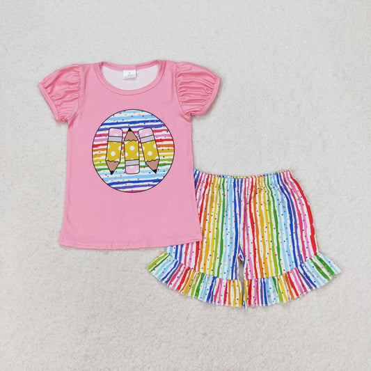 Baby Girl Short Sleeves Pencil Shirt Colorful Stripes Shorts Back To School Set