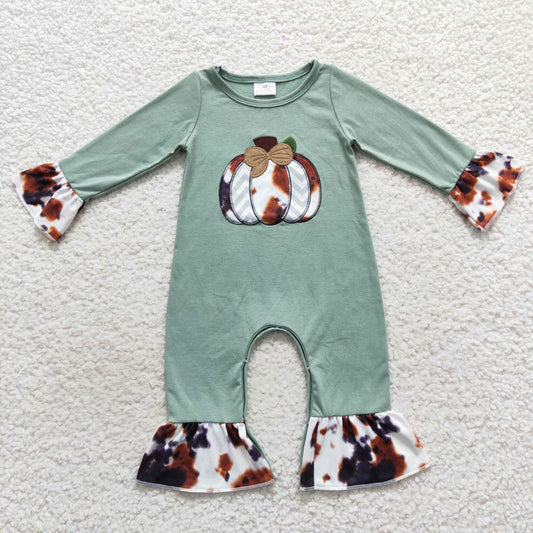 LR0464 Baby Girl Long Sleeves Embroidery Pumpkin Cow Print One Piece Romper