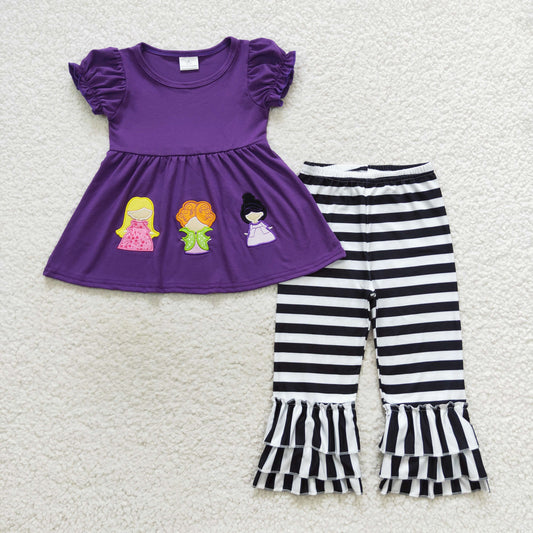 GSPO0834 Baby Girl Short Sleeves Purple Embroidery Tunic Stripes Ruffle Pants Halloween Outfit