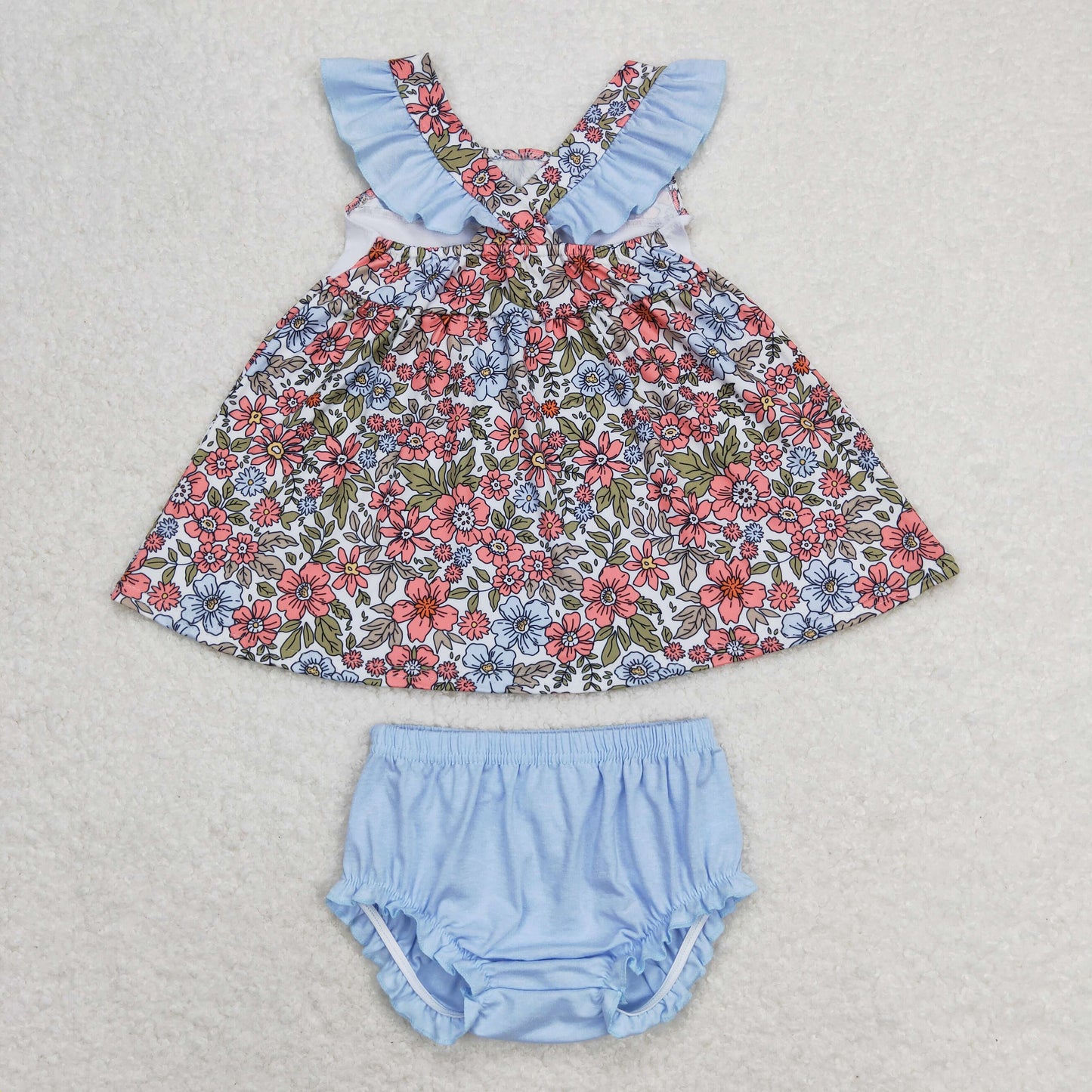 Baby Girl Embroidery I Love Daddy Floral Tunic Blue Bummies Shorts Summer Set