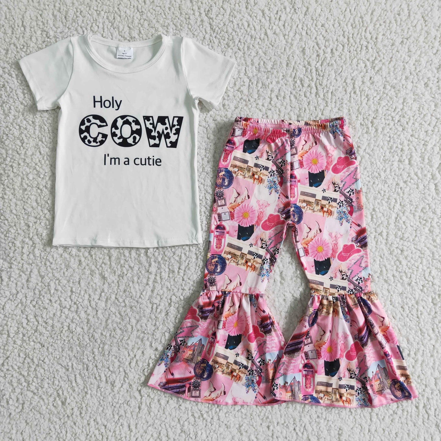 Promotion Baby Girl Short Sleeves Western Cow Shirt Pink Bell Pants Outfit