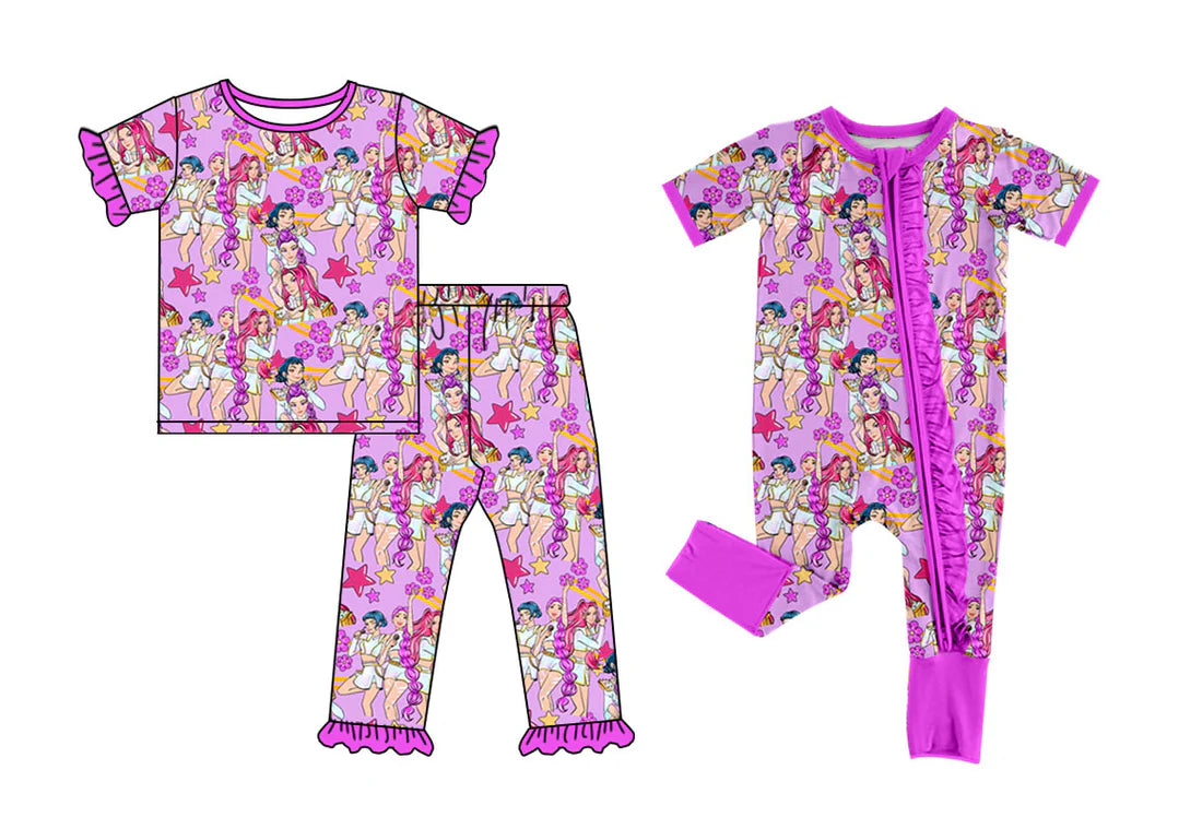 ( Moq 5 Each Style ) Baby Girls Short Sleeves Singer Stars Flower Sibling Zipper Romper Set