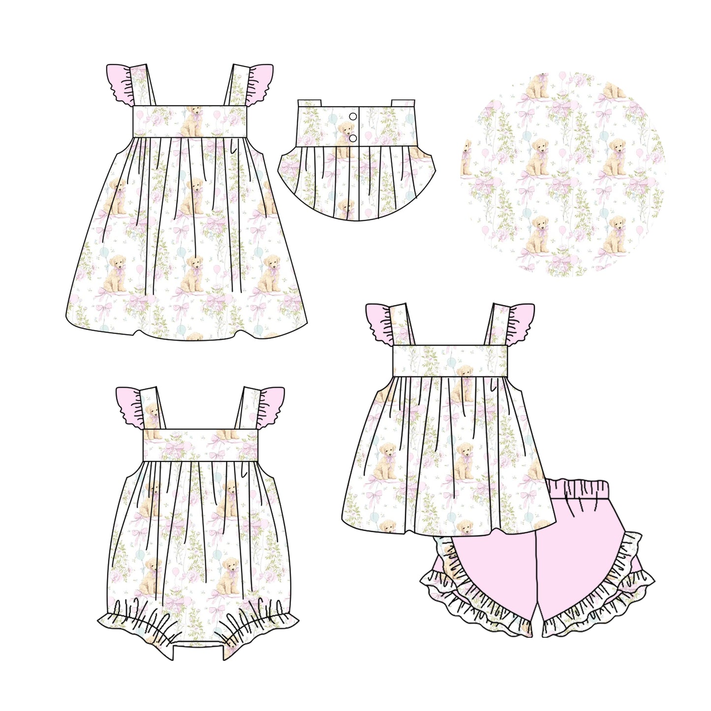 ( Moq 5 Each Style ) Sibling Baby Girls Kids Dogs Flower Bows Romper Dress Set Clothes