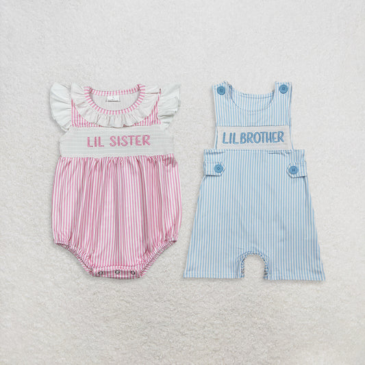 Sibling Baby Boys Girls Infant Little Brother Sister Stripes Embroidery Rompers RTS