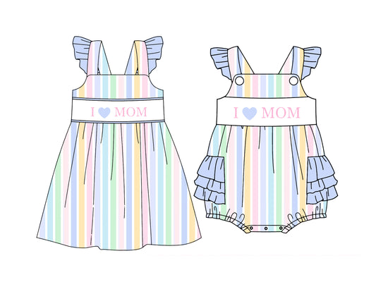 ( Moq 5 Each Style ) Baby Girls Kids I Love Mom Sibling Colorful Stripes Romper Dress