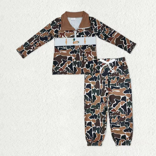 Baby Boys Embroidery Ducks Shirt Pockets Pants Brown Green Camo Hunting Clothes Set