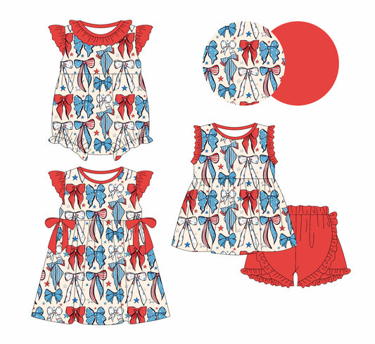 ( Moq 5 Each Style ) Sibling Baby Girls Kids Red Blue Bows 4th of July Romper Dress Set