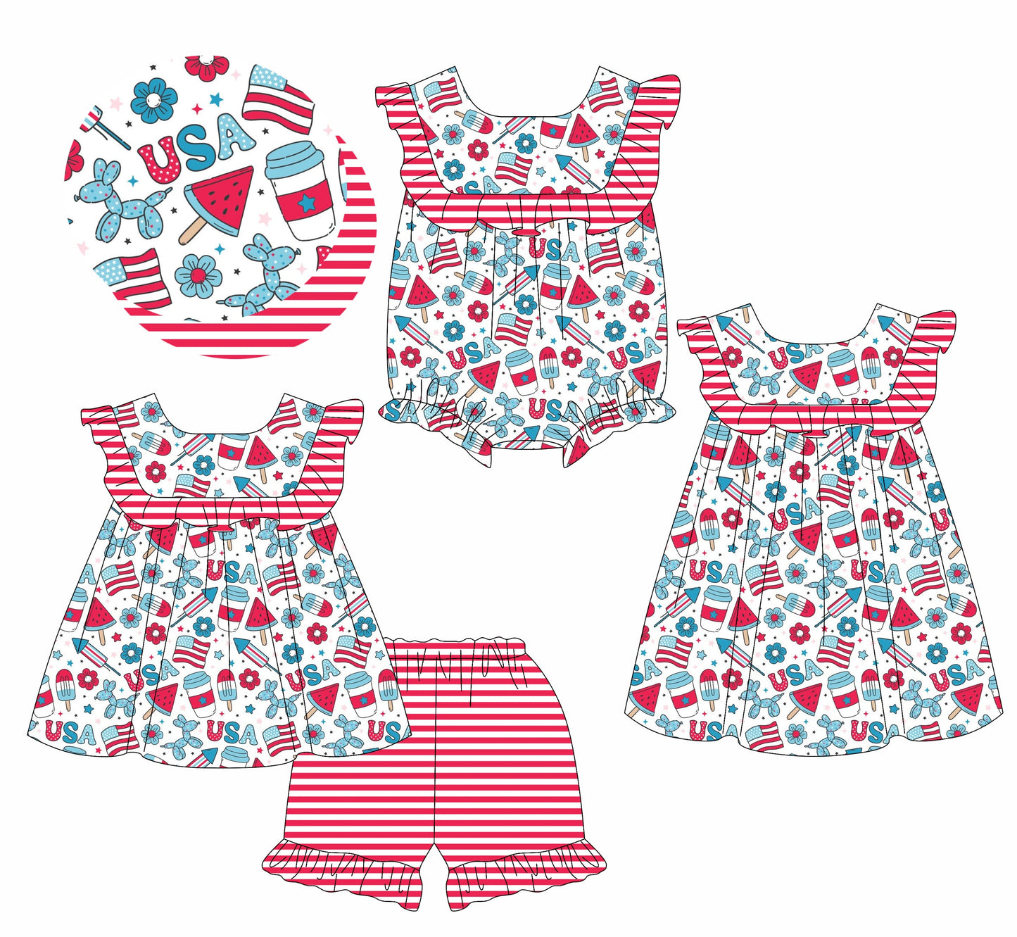 Baby Girl July 4th Flags Watermelon Ruffle Sibling Romper Dress Set ( Moq 5 Each Style ) 1.13