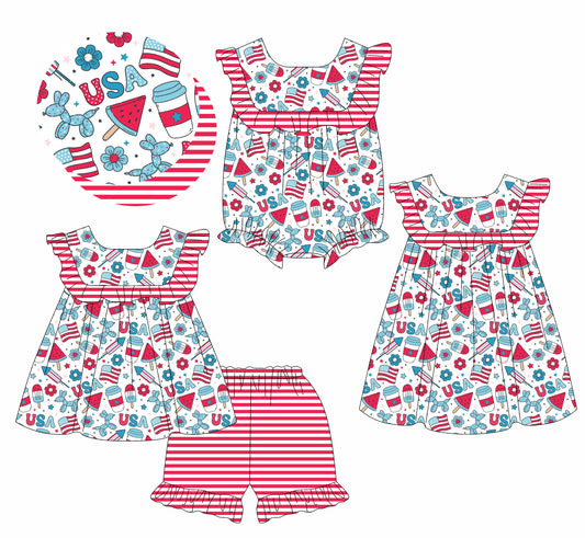 Baby Girl July 4th Flags Watermelon Ruffle Sibling Romper Dress Set ( Moq 5 Each Style ) 1.13