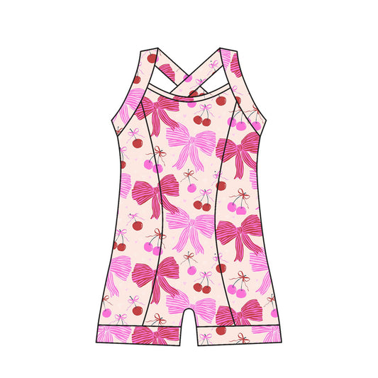 ( Moq 10 ) Baby Girl Straps Pink Bows Cherry Activity Wear Yoga Jumpsuit