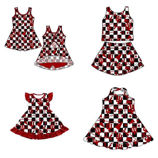 ( Moq 5 each style ) Baby Girl Toddler Team Red Bows Cheer Sibling Checked Dress Set 6.30
